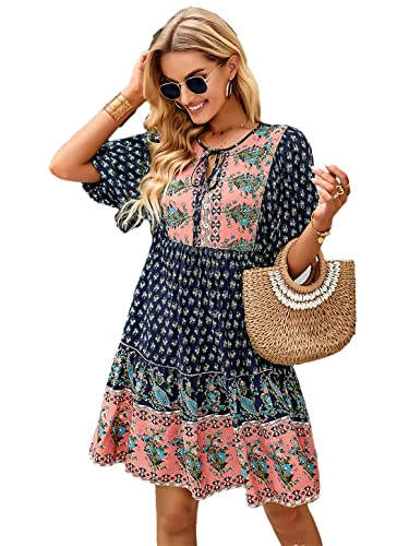 Robe de vacances bohème imprimé floral bleu marine en taille XL pour femme chic