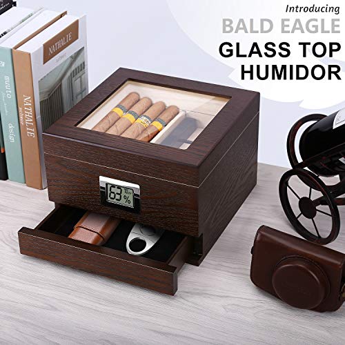 Handmade Cedar Cigar Humidor, Natural Wood Texture Glass Top Cigar Humidor Case for 30-50 Cigars, Digital Hygrometer Humidifier and Accessory Drawer, Desktop Humidors(30-50 Cigars)