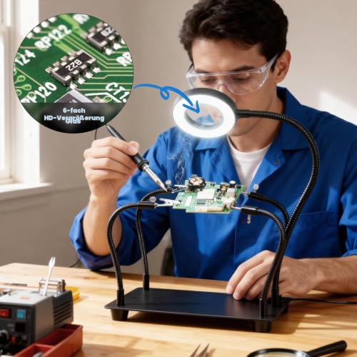 Dritte hand Löten, Löthilfe Dritte Hand mit 6X Lupe Licht, Lötstation mit 4 flexibel Arme und LED Lupenlampe, Löthilfe für Schweißer, Schmuckhersteller, Handwerk, Liebhaber