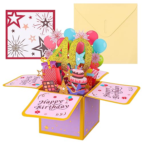 Biglietto Pop-Up 3D Per 40° Compleanno Con Palloncini, Regali E Grammofono - Con Busta Blu Scuro