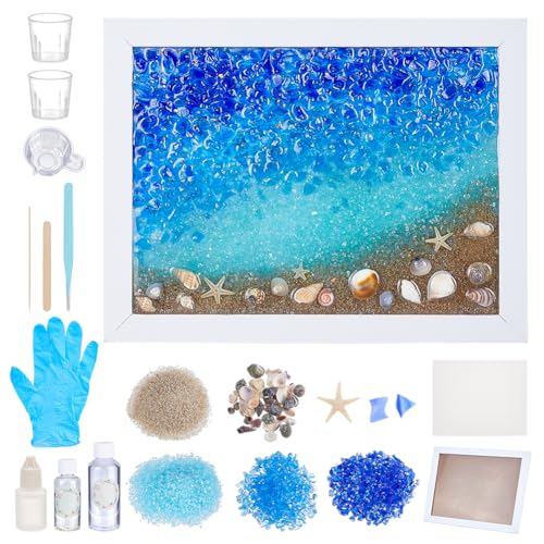 WEBEEDY DIY Sea Glass Art Kit Resin Sea Glass Beach Frame Making with Instruction for Adults Beginners DIY Mosaic Art Project for Desk Window Home Office Wall Decor Beach Lovers (6.7x8.9inch)