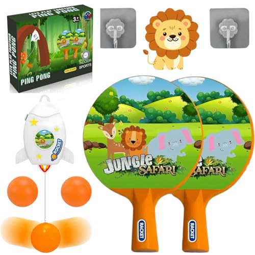 Image of Hanging Table Tennis Trainer for Kids Indoor Self Training Portable Ping Pong Set 10 Pieces 2 Racket 2 Balls 2 Hooks 1 Jungle Hanger and 2 Jungle Safari Stickers in 1 Jungle Box