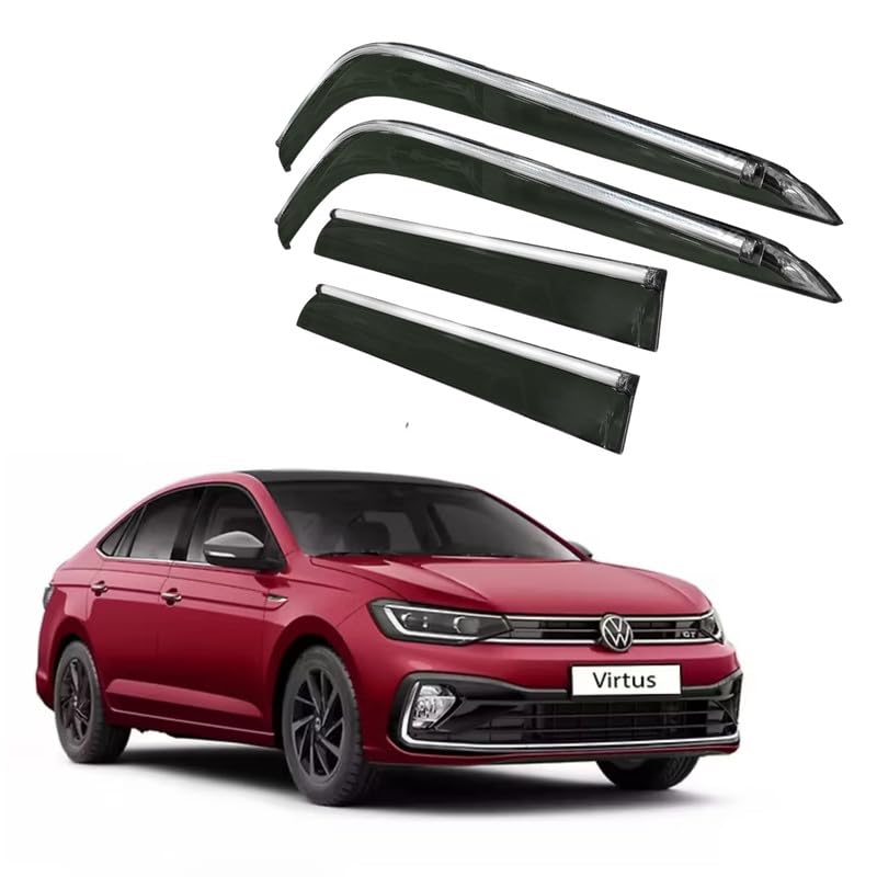 Image of CAR SAAZ Side Door Visors for Virtus (2022-present)(Set of 4Pcs)|Chrome Lined Rain Guards, Polycarbonate, Smoke Finish
