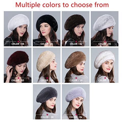 Inblossoms Women's Knit Real Mink Fur Beret Hat,2019 New Winter Dark Gray Russian Slouchy Beanie Handmade Rhinestone #TOP2