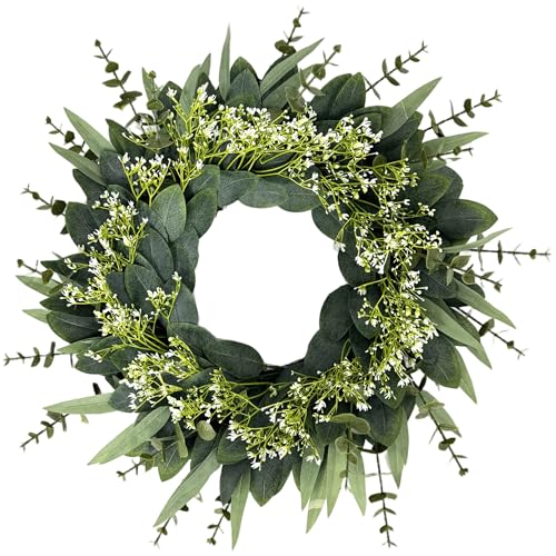 Couronne d'eucalyptus pour porte d'entrée de 50 cm décorée de fleurs blanches