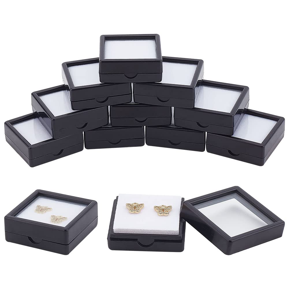 BENECREAT 10 Pack Black Gemstone Display Case, 4.15 x 4.15 x 1.6 cm/1.63 x 1.63 x 0.63 inch Diamond Storage Containers with Clear Lid for Gemstones, Coins, Jewellery Packaging