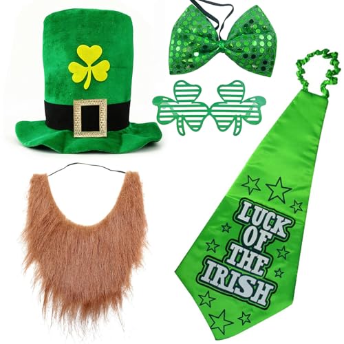 Fogcosy 4 Pcs St. Patrick’S Day Costume Set, Green Clover Top Hat Beard Tie Bow Tie Glasses, St. Patrick's Day Accessories, Irish Shamrock Decorations For Men Women Festival Ornaments