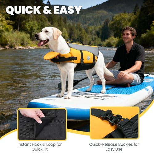 Image of VIVAGLORY Dog Life Vest Front Float Dog Swim Vest, M, Yellow | Life Jacket with Chin Float & Handle for Swimming & Boating, High Visibility Adjustable for Doggy Cat Puppy
