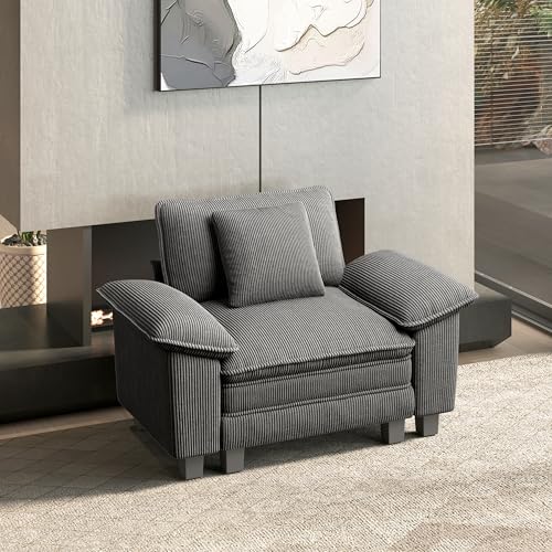 Image of HERA'S HOUSE 1-Seat Modular Couch Accent Chair Sofa with Throw Pillow | Modern 53.5 inch Single Seat, Grey, Wider Armrest, Comfy Deep Seat, Soft Corduroy Sofa Chair for Living Room