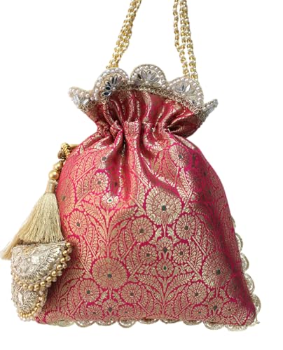 Image of MILAN'S CREATION Pure Banarasi Potli Silk Brocade Bag Purse Drawstring Women's handbag with Pearl Handle & Tassel Weddings