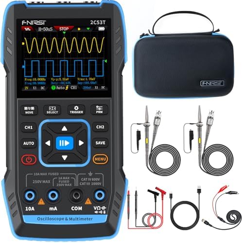 FNIRSI 2C53T Upgraded Handheld Oscilloscope, 50MHz Bandwidth, 3IN1 Digital Oscilloscope Multimeter DDS Generator, 250MS/s Sampling Rate, 20000 Counts, Voltage, Current, Capacitor, Resistor, Diode Test