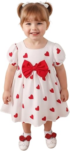 Cutevibe Red Love Baby Girl Frock – Heart Print Party Dress with Bow, Soft Cotton Princess Dress for Kids