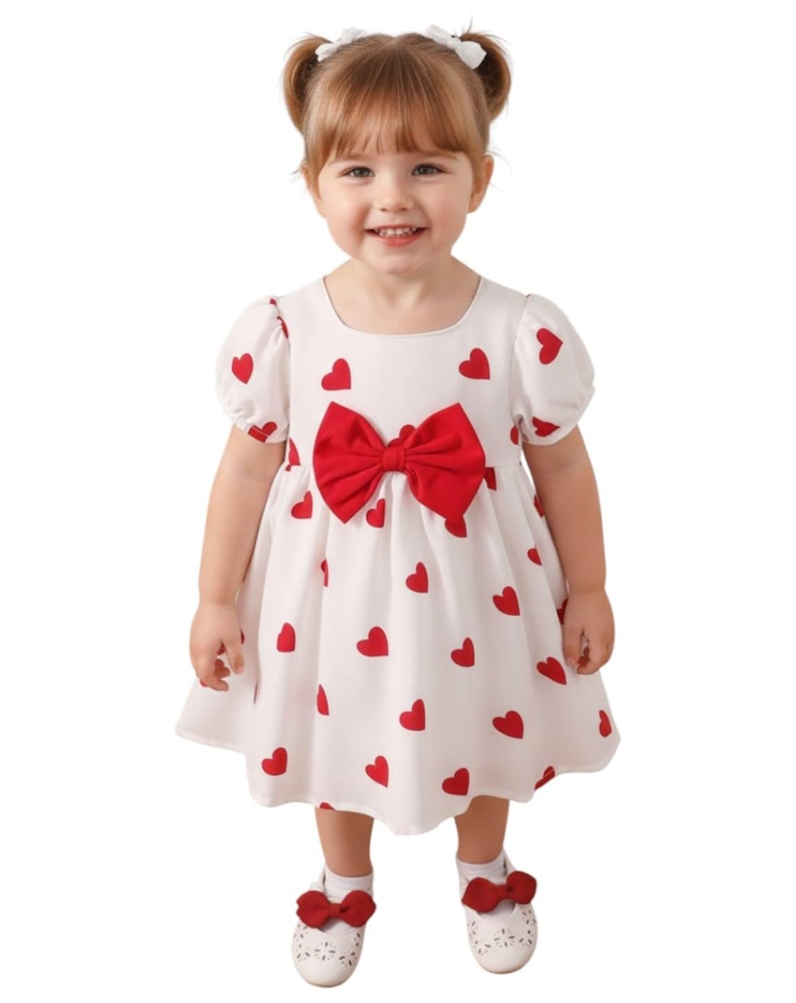 Cutevibe Red Love Baby Girl Frock – Heart Print Party Dress with Bow, Soft Cotton Princess Dress for Kids