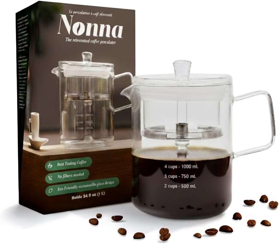 NONNA 2.0 Glass Coffee Percolator - Borosilicate Glass & Stainless Steel Retro Percolator | Eco Friendly Coffee Gift | BPA Free | Stovetop Glass Coffee Percolator (1 Unit)