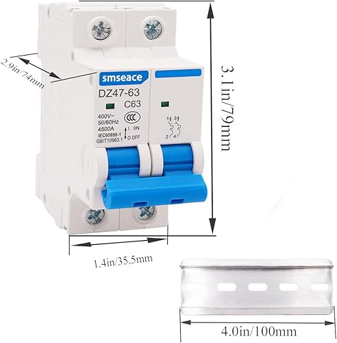 Miniatura 3 de smseace Disyuntor en miniatura de baja tensión AC 50A 400V, 2 polos Interruptor de desconexión de CA C50 Montaje en carril DIN usado para proteger