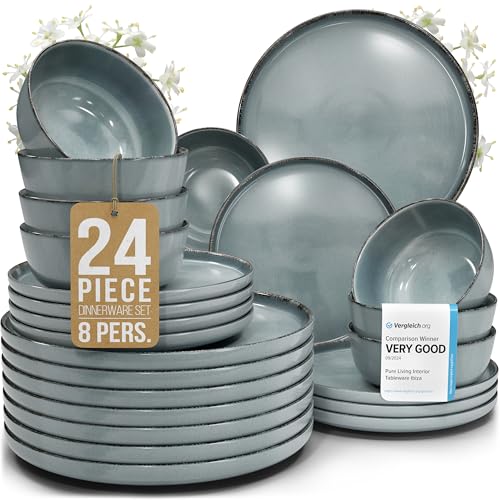 Stoneware Dinnerware Set 8 Persons Rustic 24 Pcs - Rustic Design Dinnerware Set, Dishwasher Safe - Bowl And Plate Set - Pure Living Dinnerware In Smoky Blue…