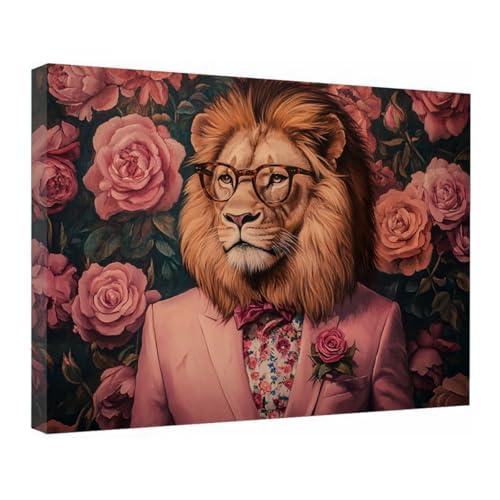 Toile lion et fleur rose décoration salon pour une ambiance rétro et cosy