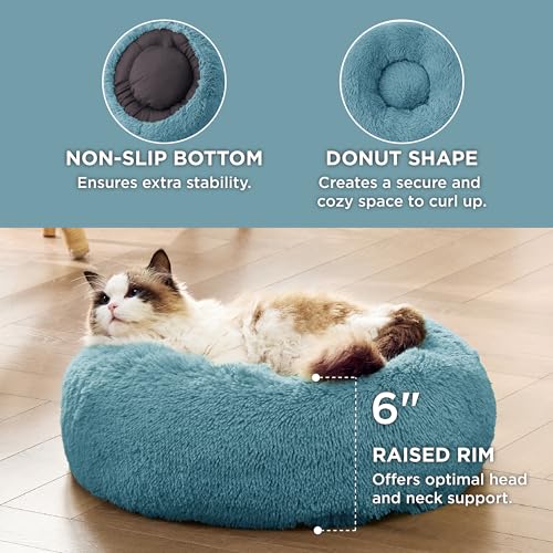 Image of Bedsure Calming Cat Beds for Indoor Cats - Small Cat Bed Washable 20 inches, Anti-Slip Round Fluffy Plush Faux Fur Pet Bed, Fits up to 15 lbs Pets, Washed Blue