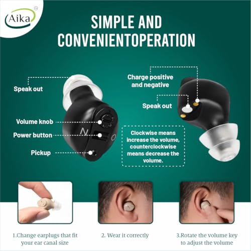 Image of Aika Mini Rechargeable CIC Digital Hearing Aid Sound Amplifier Machine for Old age with Auto Noise Cancellation, Clear Sound and Dry Kit (For Single Ear, Black, with Dry Kit and 1 Year Warranty)