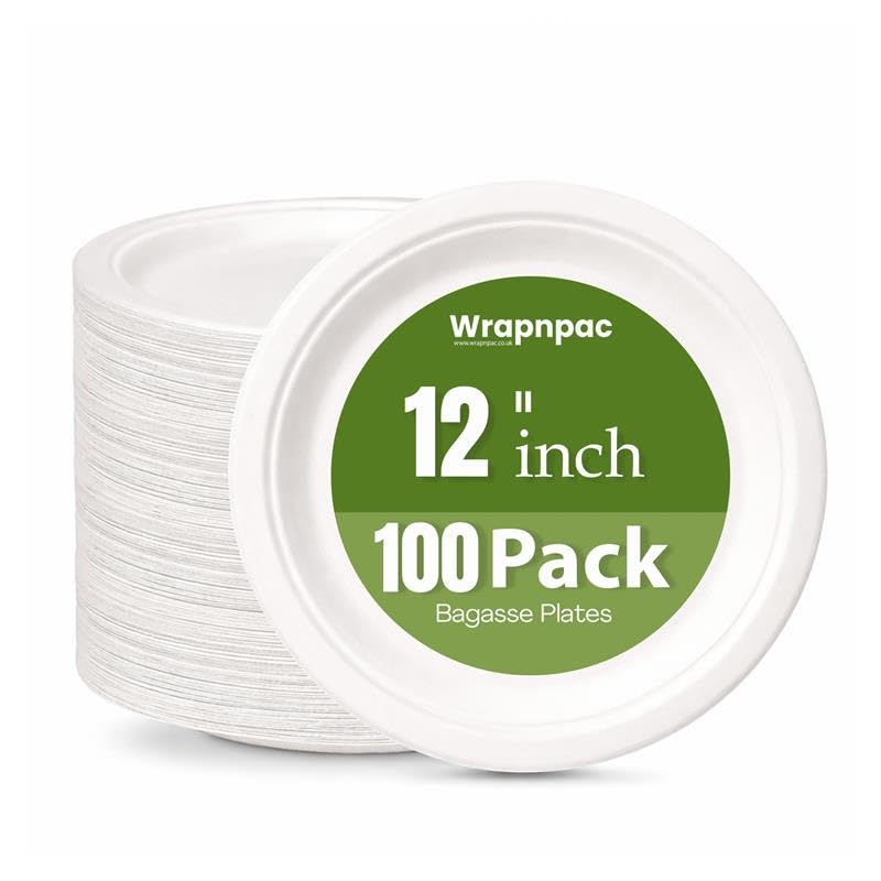 Wrap n Pac Strong Paper Plates 12 Inch 100pcs - Heavy Duty Disposable Bagasse Sugarcane Plates, 100% Compostable and Plastic Free, Microwave Safe for Pizza, BBQ, Buffet, Party and Wedding โ image 1