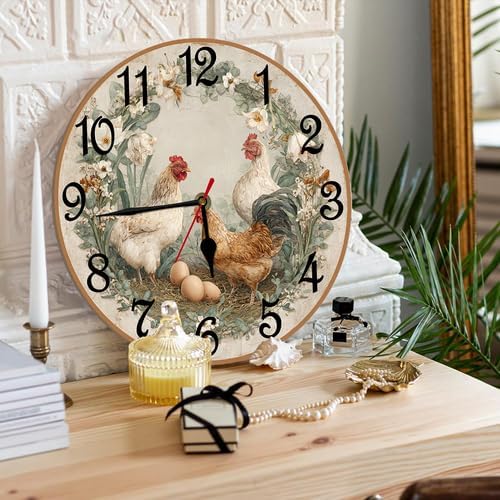 Miniatura 3 de Reloj de madera retro con corona de pollo, 10 pulgadas, funciona con pilas, reloj de pared sin tictac, relojes de decoración de gallinero de madera