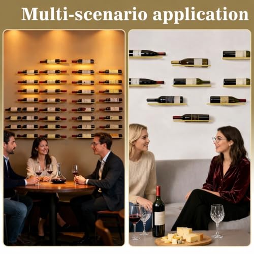 Image of 6-Shelf Metal Wall Mounted Wine Rack - Hanging Wine Bottle Holder Organizer for Kitchen, Bar, Home Storage - 6PCS Iron Wine Bottle Display Stand (6PCS-Gold)