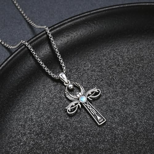 KiiKii Ankh Necklace Men 925 Sterling Silver Moonstone Ankh Pendant Cross Eye of Horus Necklace Ancient Egyptian Jewelry Gifts for Women Birthday Anniversary Christmas4