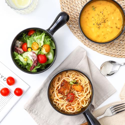 Sureasy French Onion Soup Bowls with Handles - 19 Oz Oven Safe Bowls for Soup, Cereal, Chilli, Beef Stew, Stackable Soup Crocks, Microwave & Dishwasher Safe, Set of 4, Black