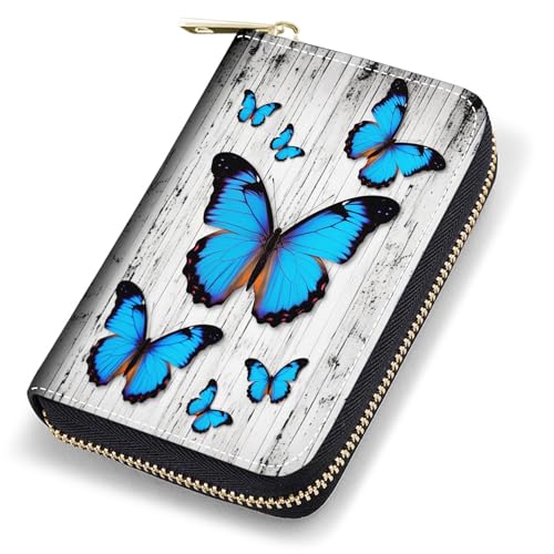 Credit Card Holder Wallets for Women, RFID Blocking Small Leather Card Case Wallet with Zipper Accordion Wallets, Blue Butterfly