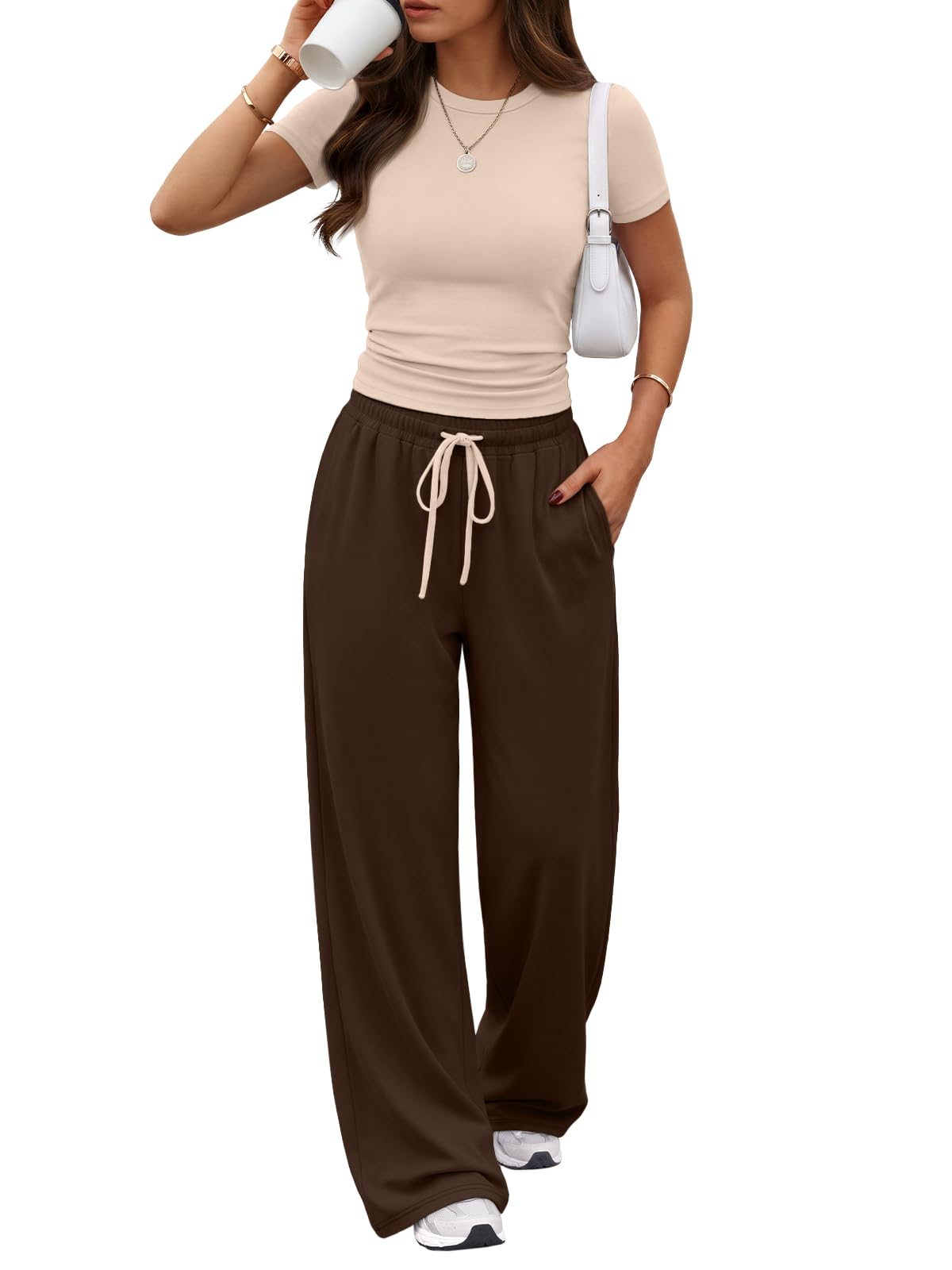 Trendy Queen Women's 2 Piece Matching Summer Lounge Set with Pockets | Vacation Airport Travel Outfits, Workout Gym Clothing Comfy Athleisure Clothes, Side-ruched Top, Drawstring Wide Leg Pants