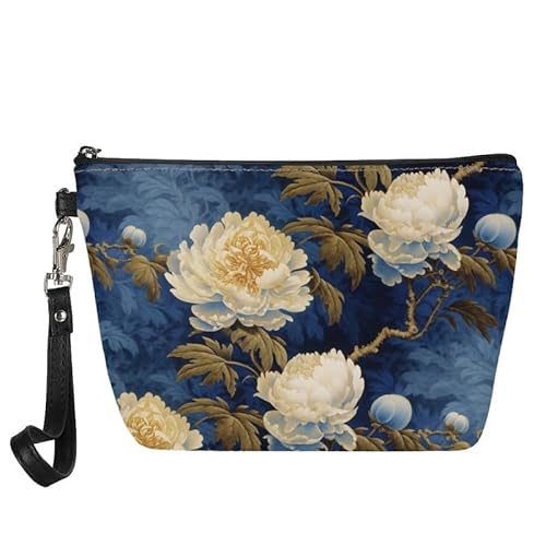 Borsa cosmetica da donna borsa da toilette da viaggio da bagno per pelle per trucchi e portamonete Peonia bianca. Organizer per borse