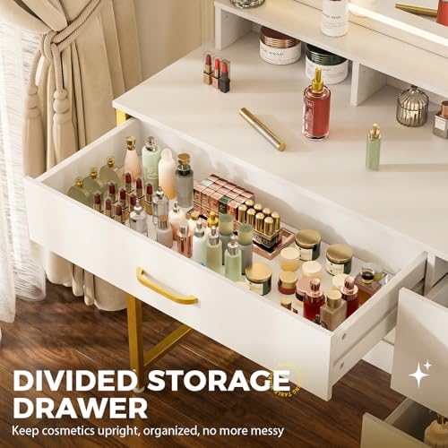 Image of LUCKRACER Vanity Desk with LED Lights Mirror, Makeup Vanity with Storage Drawers and Shelves, Modern Dressing Table for Women Girls Bedroom, Ivory White