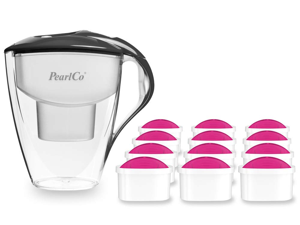 perlopur® Wasserfilter Astra (anthrazit) +12 Filterkartuschen AquaMag | 3 l gesamt, 1,5 l gefiltert, stabil & kratzfest, BPA-frei, für unimax Kartuschen, Magnesium-Zugabe, ideal für Kaltgetränke