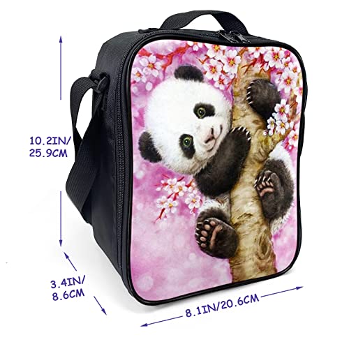 Kids Lunch Box, Insulated Lunch Bag For Girls&Boys, Pink Cherry Blossom Panda Lunch Bag With Shoulder Strap, School Bento Lunch Box For Kids Toddlers Teens, Black Reusable Cooler Thermal Meal Tote Kit #TOP1