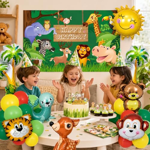 Image of Rozi Decoration Jungle Safari Birthday Decoration Kit, Pack of 49 Pcs Animal Theme Party Supplies with Birthday Banner for Kids Birthday Party