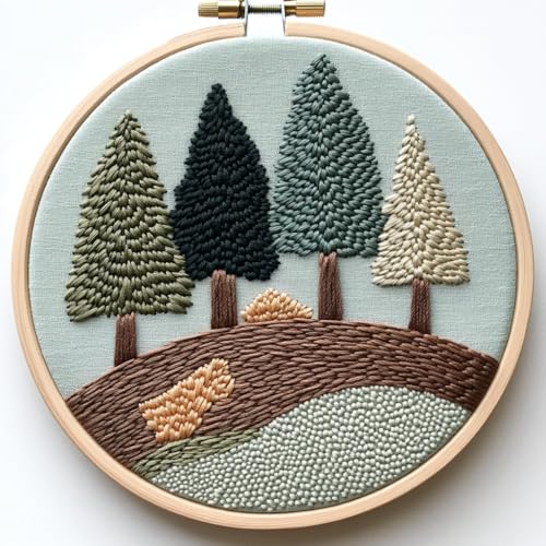 Image of Punch Needle Kit for Beginners, Punch Stitching Kit for Adults, Needle Punch Kits for Adults, DIY Nature and Some Trees Embroidery Set for Art Crafts and Festival Decorations