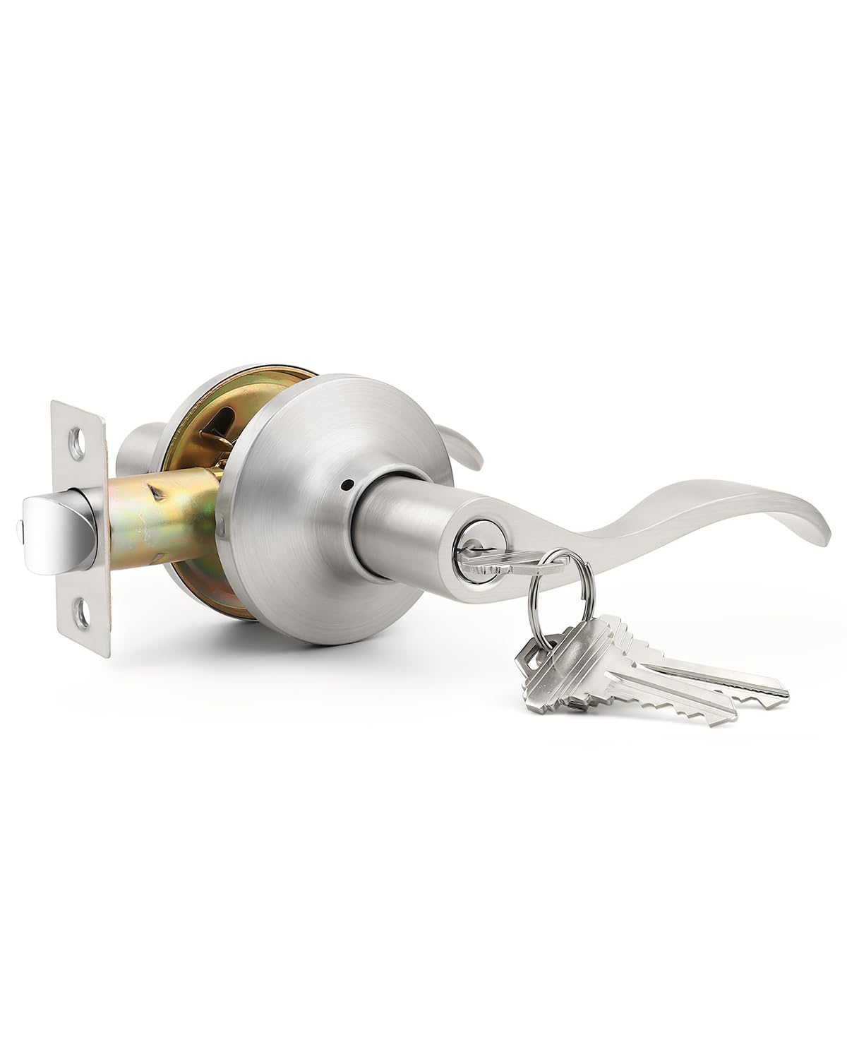GOBEKOR 1 Pack Brushed Nickel Door Lock with Keys,Wave Style Keyed Alike Entry Door Handles with Lock,Suitable for Indoor/Outdoor and Exterior/Interior - 1
