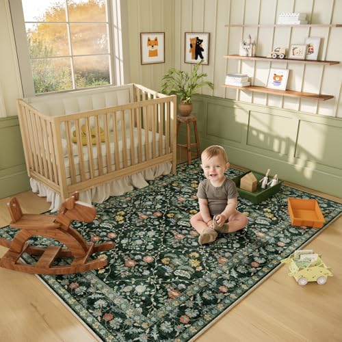 Image of Vintage Botanical Dark Green Area Rug 5x7 Elegant Floral Pattern, Durable Stain-Resistant Fabric, Perfect for Living Room, Bedroom, Dining Room Decor