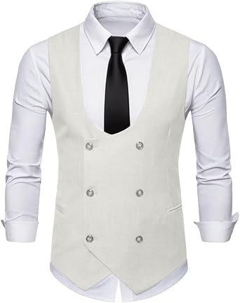 Mens Suit Vest U-Neck Vests for Suit Double-Breasted Formal Business Waistcoat Slim Fit Dress Suit Vests