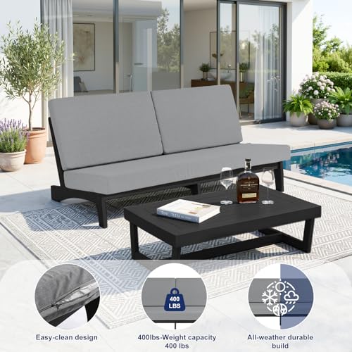 Image of Pia Ricoo 1-Piece Patio Furniture Set, Outdoor Wood Sofa with 4.5-Inch Thick Cushions, All-Weather Conversation Set for Backyard, Deck, Lawn - Gray /Drak