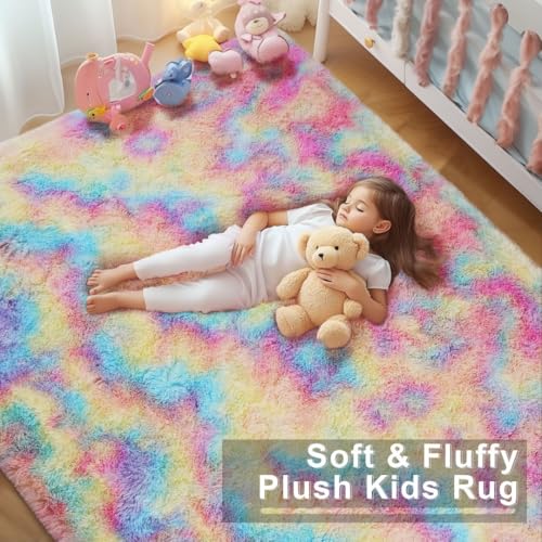 Rainbow Area Rugs for Girls Bedroom, 4x6 Fluffy Fuzzy Shaggy Carpet for Kids Playroom Nursery Living Room, Thick Soft Plush Mat for Kids Baby Boys Teen Dorm Home Decor Aesthetic