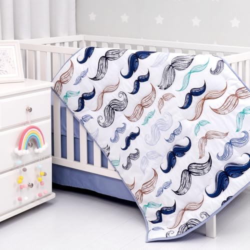 Image of Noisy Mouse - Boho Little Man Mustache, Premium, 100% Organic Cotton 4-Piece Baby Boy Nursery Bedding Crib Set | Baby Comforter | 2 X Fitted Crib Sheets | Crib Skirt (White, Teal, Black, Brown, Blue)