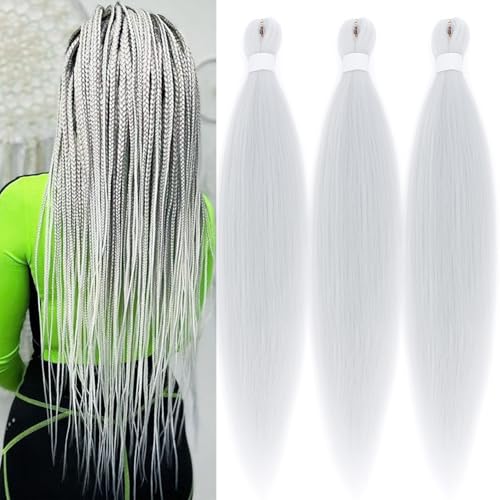 UPruyo Silver Braiding Hair Pre Stretched Grey Box Braids Crochet Hair 26 Inch 3 Packs Hypoallergenic Pre Stretched Braiding Hair Knotless Non Toxic Jumbo Weave Bundles Extensions
