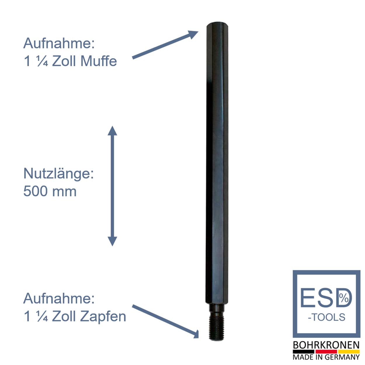ESD-TOOLS | Extensión de brocas de diamante con tomas de 1 1/4 pulgadas y 500 mm de longitud útil, adaptador para sierras de corona y brocas de lata | (1 1/4" - NL: 500 mm)