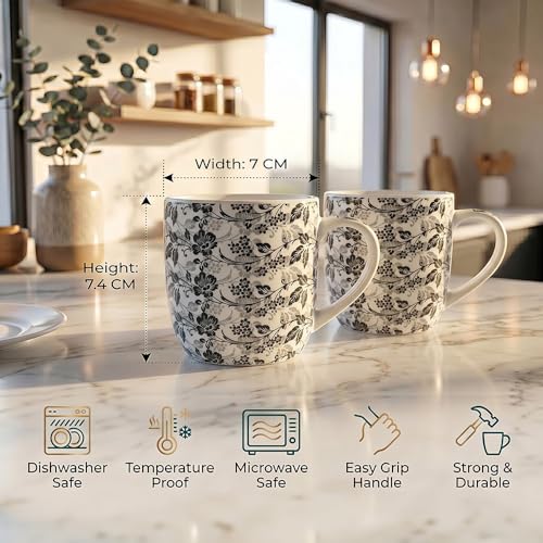 Image of UPC Coffee Mug Set of 6 | Black & White Floral Print Tea /Coffee Cups | Bone China Mugs for Home & Kitchen | Dishwasher Safe Gifting Set