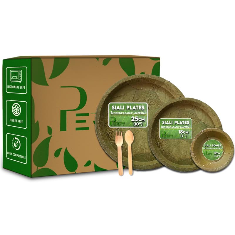 Perfy Siali Leaf Dinnerware Set Combo |Disposable Round Plate Set (10 & 7 Inch),4.5 inch Bowls,Cutlery|Biodegradable|Eco Friendly Tableware for Wedding, Party (Pack of 150)