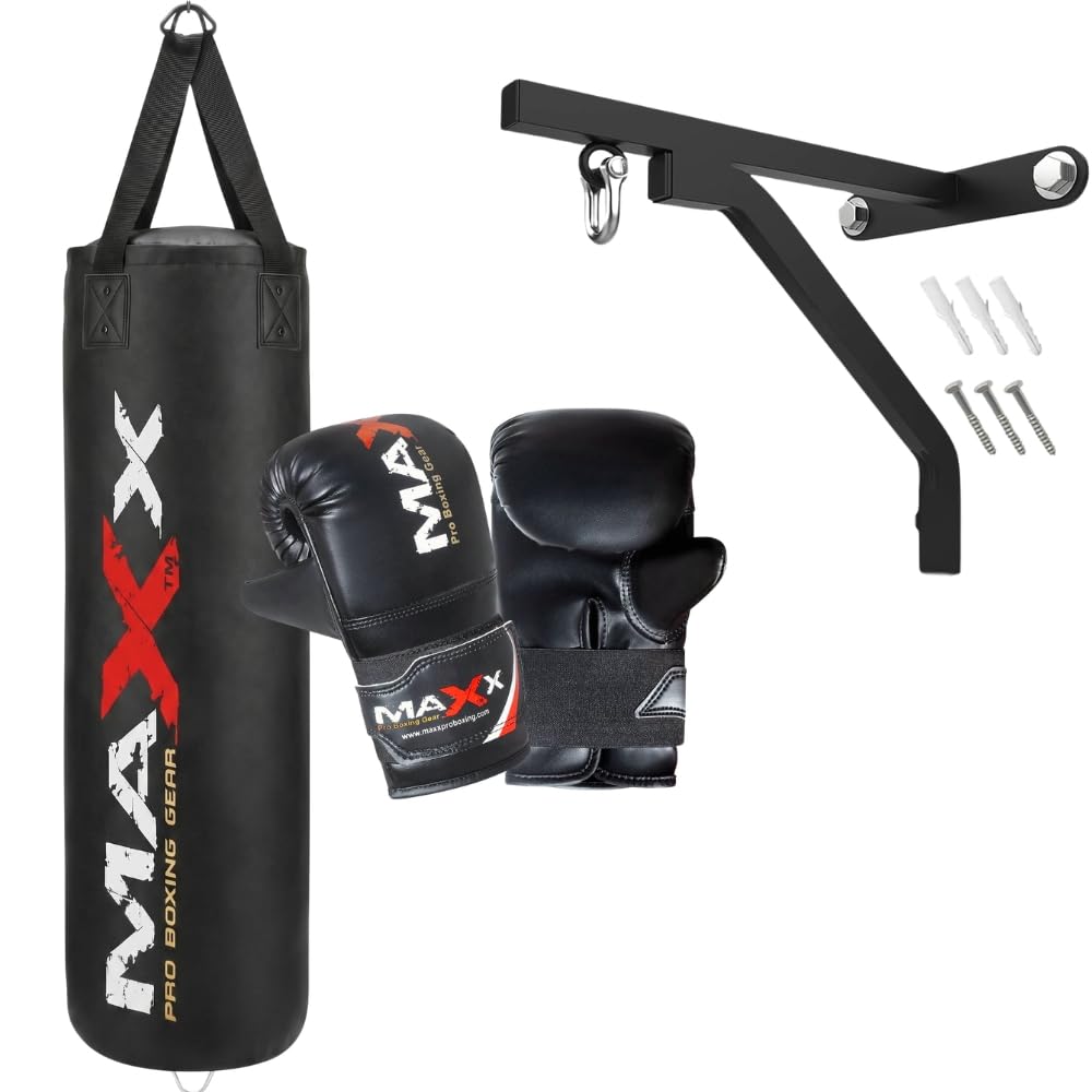All Black range of Heavy Filled Hanging Boxing Punch Bag, Punchbag Set 5ft, 4ft, 3ft Includes FREE CHAIN (BAG WITH BRACKET+MITTS, 5ft Bag)