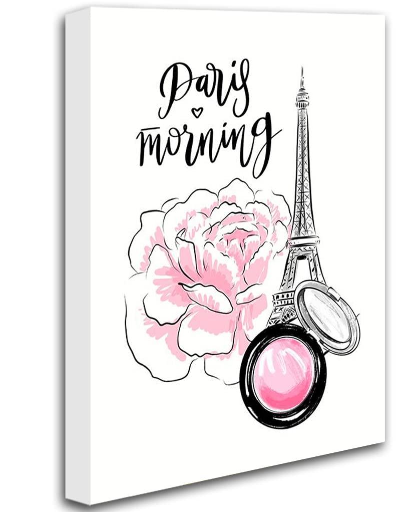 zaixkoParis Wall Art Fashion Canvas Prints Pink Room Decor Black and White Eiffel Tower Pictures Paris Rose Flowers Pink Art for Makeup Girls Room Bedroom Decor