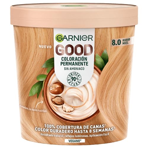 GARNIER GOOD - Pack x3 Coloración Permanente Sin Amoniaco, 90% Origen Natural Tono 8.0 Rubio Miel.