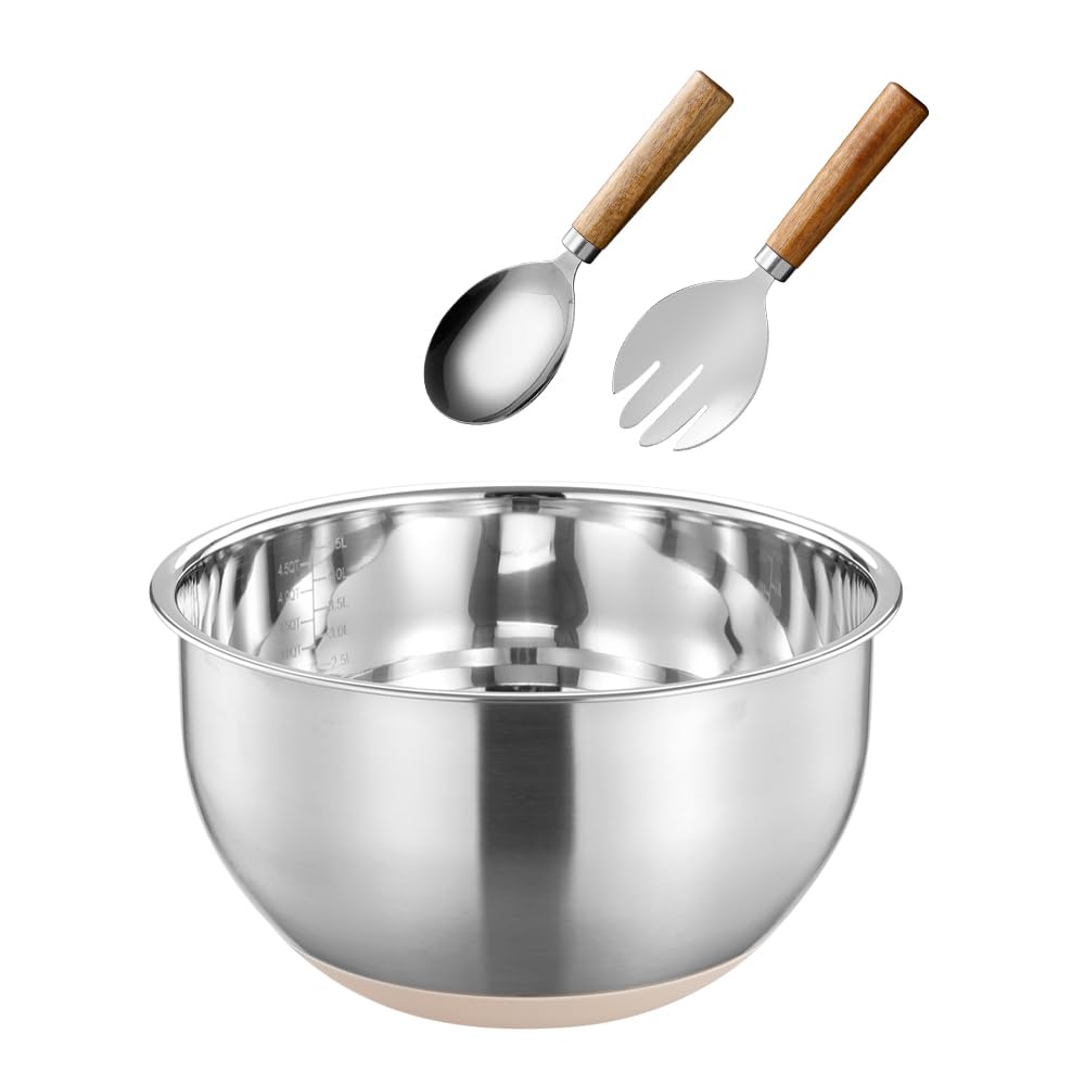 Salad Bowl and Server Set Stainless Steel Salad Mixing Bowl with Salad Spoon & Fork Large Metal Kitchen Bowl for Food Preparing and Serving, 26cm, Dishwasher Safe (with non-slip silicone bottom)
